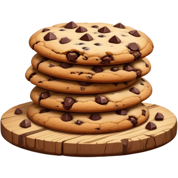 Cinematic crunchy chocolate chip cookies, freshly baked, golden-brown with gooey melted chocolate chunks, stacked on a rustic wooden plate, soft warm lighting, cozy and delicious. emoji