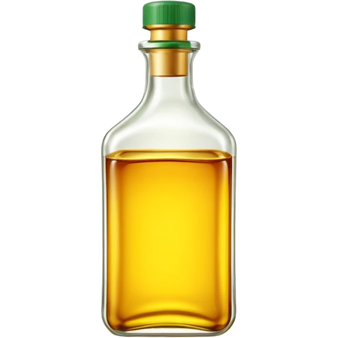 realistic frying oil bottle, transparent, golden yellow oil, simple clean design, curved or rectangular, green or yellow cap, no branding, no label, fluid glossy, warm amber, no pan food or faces, clean 3D, soft lighting, transparent background, emoji scale emoji