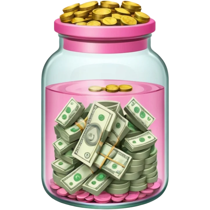 glass tip jar emoji style, simple with cash and coins pink emoji