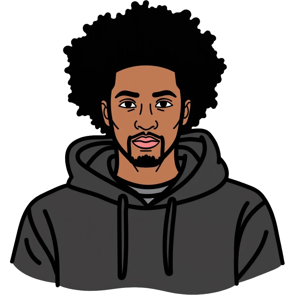 Black man with mid afro hairstyle wearing a black shirt and hoodie emoji