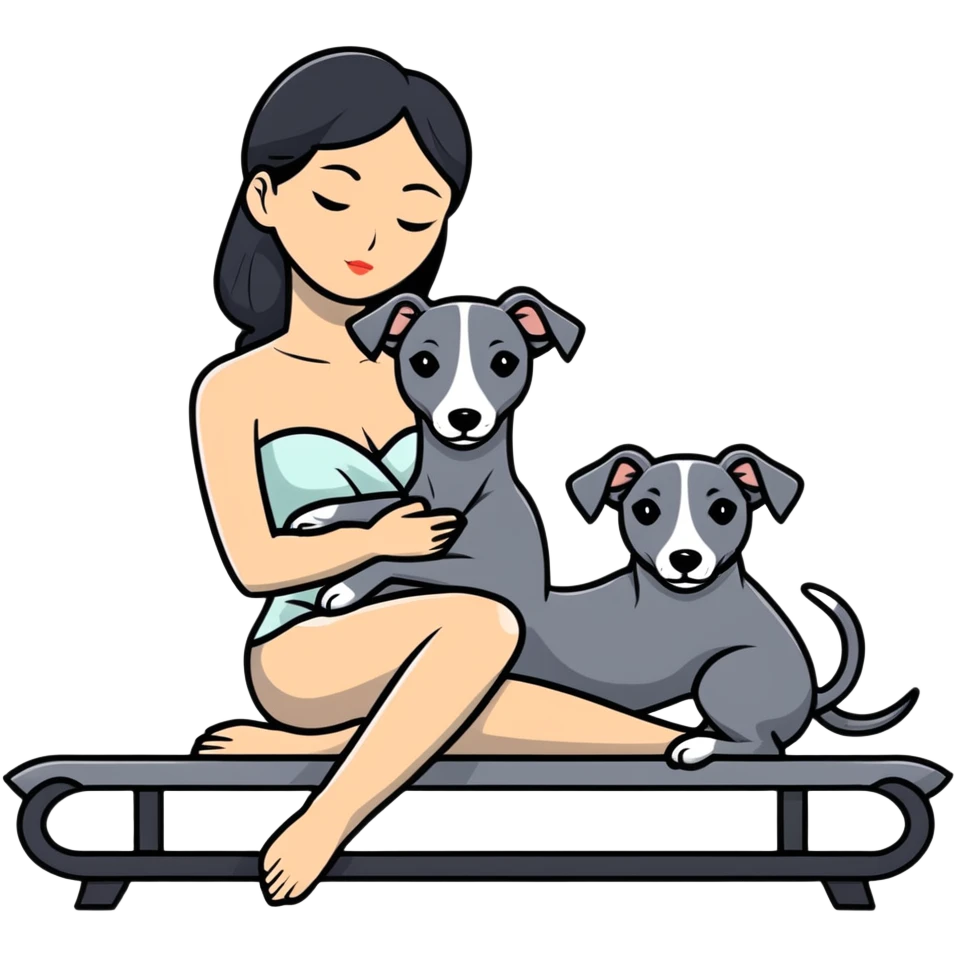 Very thin Chinese woman with long black hair relaxing on a spa lounger with exactly ONE whippet dog. CRITICAL REQUIREMENT: the whippet must be ONE SOLID VERY DARK CHARCOAL GREY (almost black-grey) COLOR from nose to tail with NO WHITE or LIGHT AREAS anywhere - NO white face, NO white muzzle, NO white chest, NO white paws, NO white tail tip - NOTHING BUT A SINGLE SHADE OF VERY DARK GREY throughout the entire animal emoji