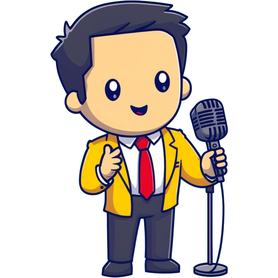 Man with black pulled back hair, wearing a yellow suit and red tie, holding a microphone emoji