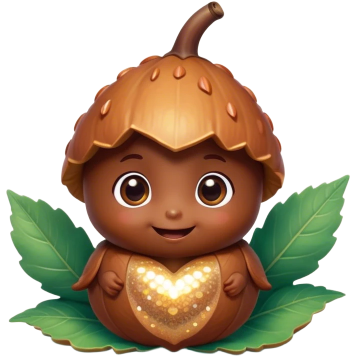 Cinematic tiny happy acorn, glossy brown, soft glowing highlights, tiny adorable face with big sparkly eyes, sitting on a pastel leaf, warm and cheerful. emoji