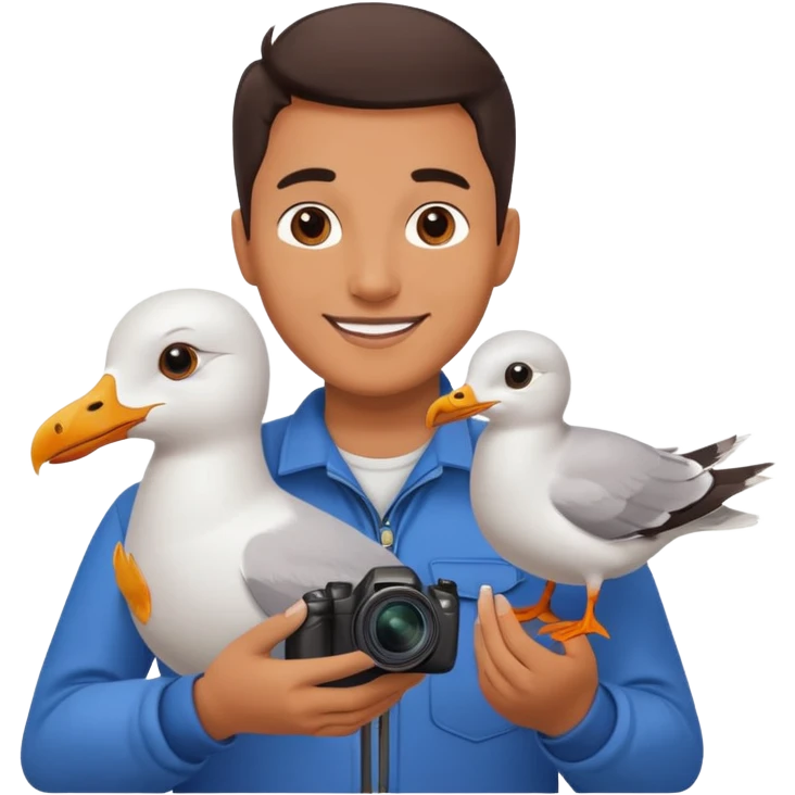 Minimalist emoji-style illustration of a smiling photographer holding a seagull in their hands. Simplified, clean lines, vibrant colors, small size, white background emoji