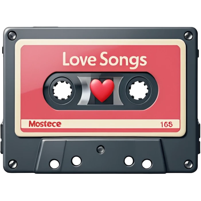 Isolated, rendering, vintage style music cassette tape, vintage appearance white label that reads "love songs" on front label, masterpiece.  emoji