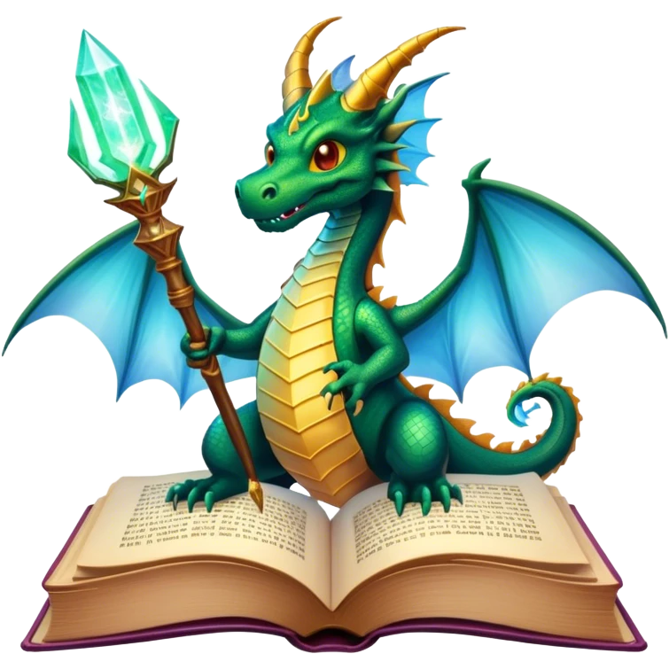 Icon for Fantasy and Sci-Fi Literature: a magical book with glowing pages, surrounded by a dragon, a spaceship, and a wizard with a staff. The icon should capture the adventurous and imaginative world of fantasy and science fiction. Transparent background. emoji
