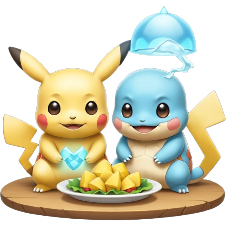  Pikachu has a light to share, but Squirtle has none. Pikachu sees this is unfair, so he shares the light with Squirtle. They smile and eat together. Show this as a cute Pokémon emoji scene about justice and fairness.

 emoji
