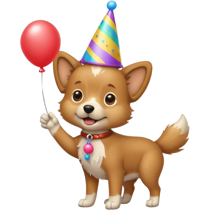 A dog wearing a party hat, wagging its tail while holding a tiny balloon.

















 emoji