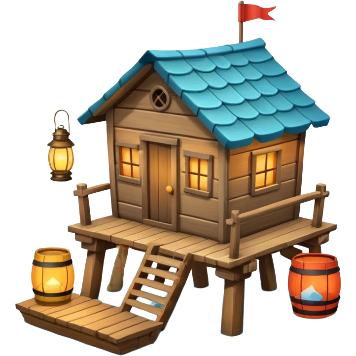 
fisherman house on a wooden pier, small dock, fishing nets hanging, barrels, lantern, ocean vibe, 3D cartoon, cute mobile game icon, clean background, no text
 emoji