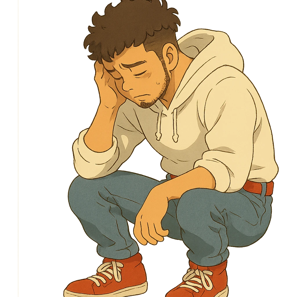 1 male, mid fade haircut dark chestnut brown curly hair, toasted lightskin, white hoodie sleeves up, fashion jeans, red fashion-sneakers shoes, red belt, short trimmed beard and goatee,  style of deku from "my hero academia", doing a "sad" pose emoji