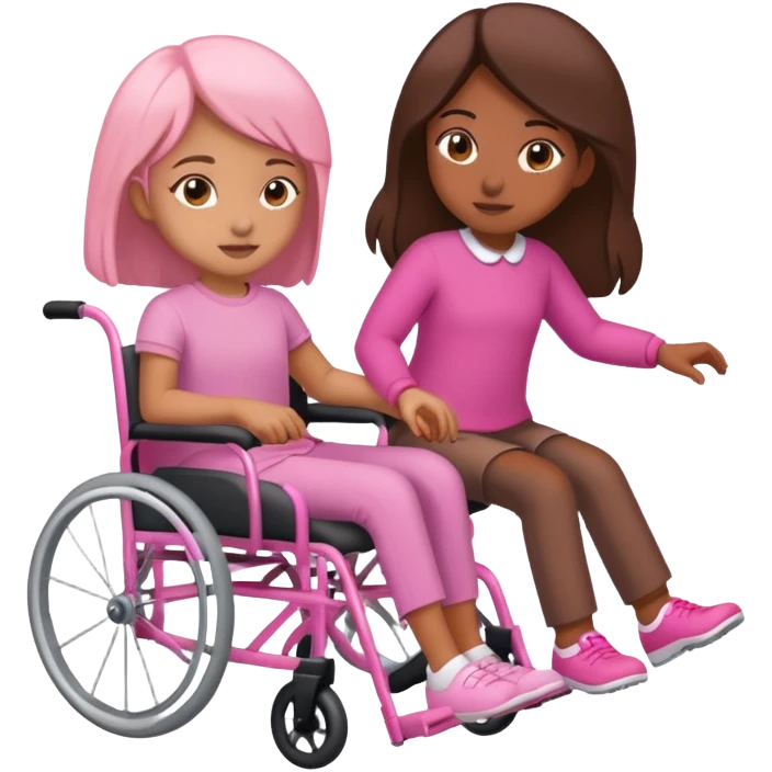 One tan skin sister pushing her brown skin sister in a pink wheelchair emoji