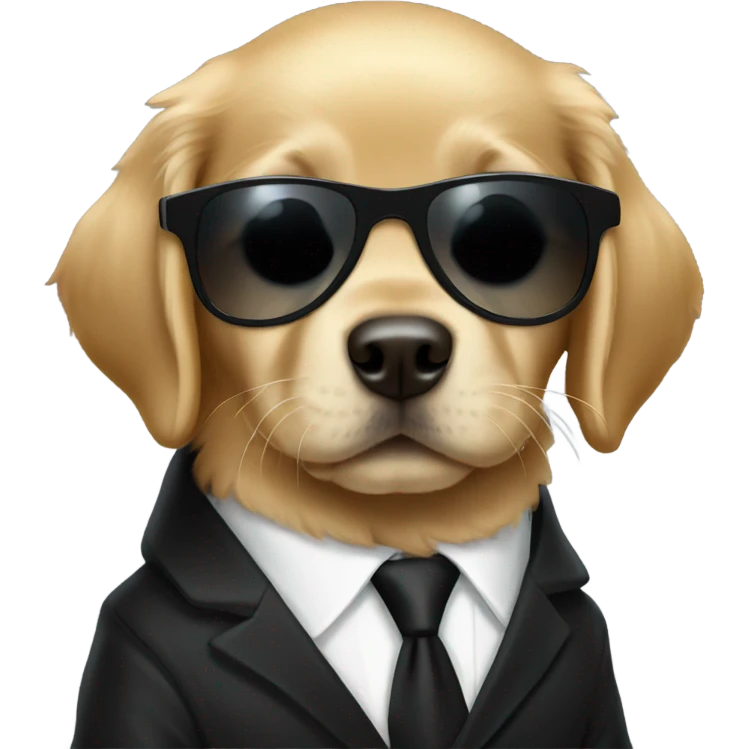 Golden retriever puppy in all black suit and sunglasses emoji