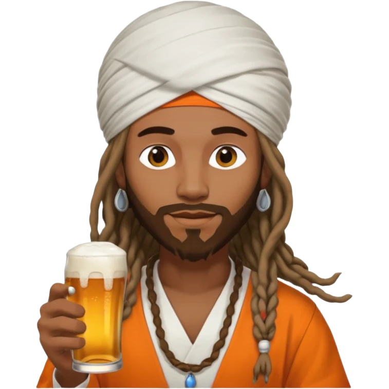 Brownskin man with long dreadlocks add a white turban on his head orange shirt drinking bear emoji