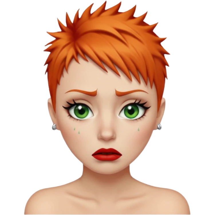 Short spikey Ginger hair, green eyes, black long eye lashes large red lips White woman crying tears on face emoji