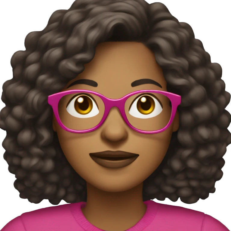 40 years old woman with dark brown long hair ,slidly curly and a yorkie wearing glasses with a dark pink frames  emoji