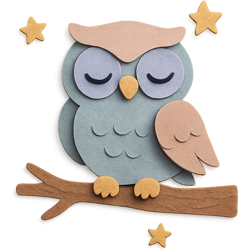 sleepy owl on a tree branch with stars, muted night palette, soft pastel colors, transparent background, paper craft style emoji