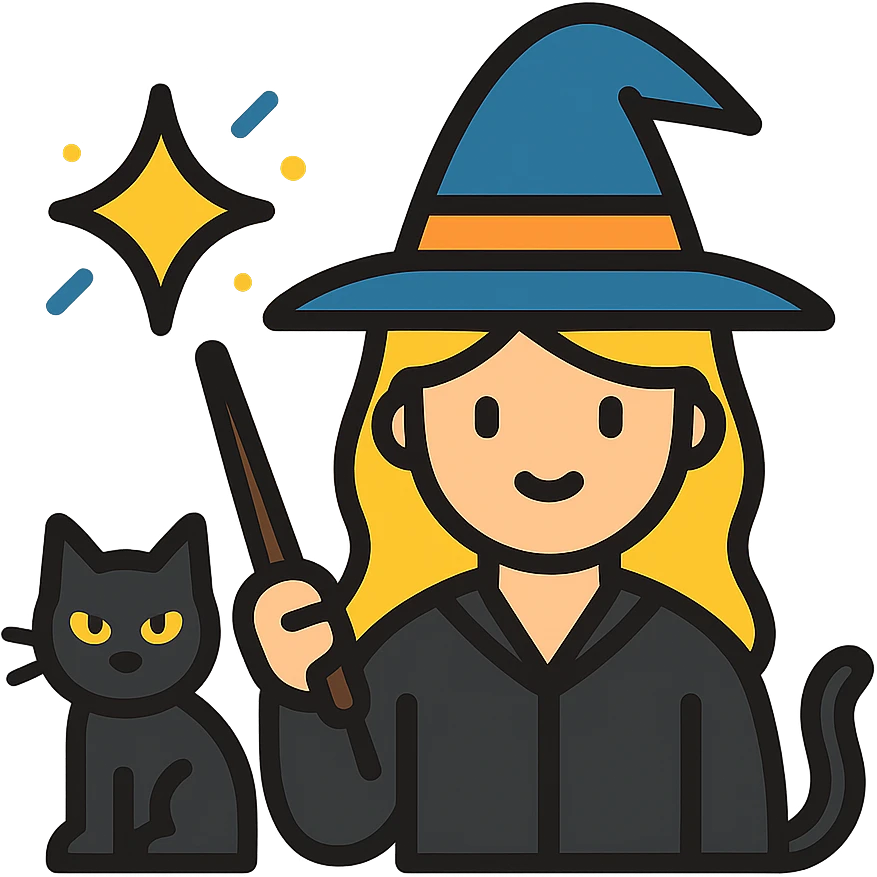 A detailed illustration of a blonde witch with a black cat, casting a spell emoji