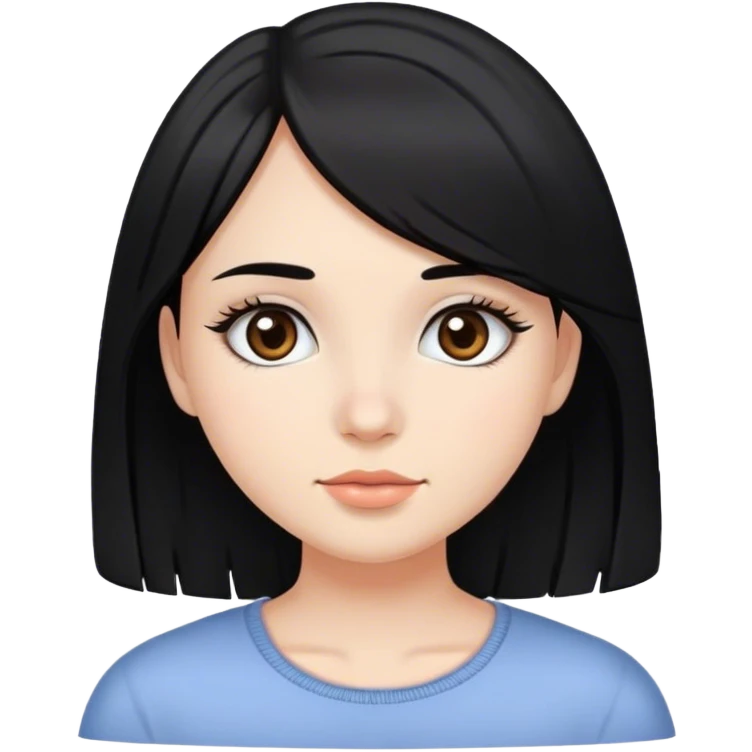 Chica blanca cara redonda pelo negro lacio ligeramente ondulado ojos marrones muy oscuro largas pestañas emoji