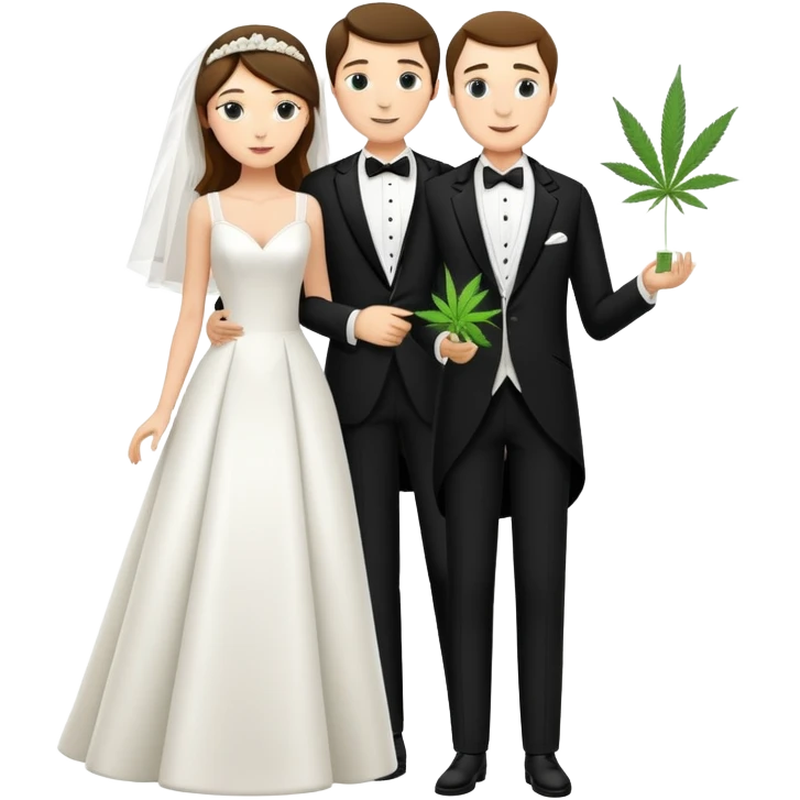 A bride in white wedding dress and groom in tuxedo, full body, sharing cannabis, wedding couple, different pose emoji