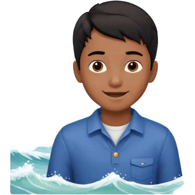  검정머리남자아이, 옷 입히고, 행복한 표정에, 배경 기득 심플하지 않게 키워드는 바다!!! emoji