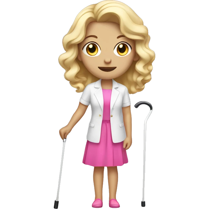 Blonde hair woman , wavy hair, white skin , pink outfit , holding a white cane for the blind emoji