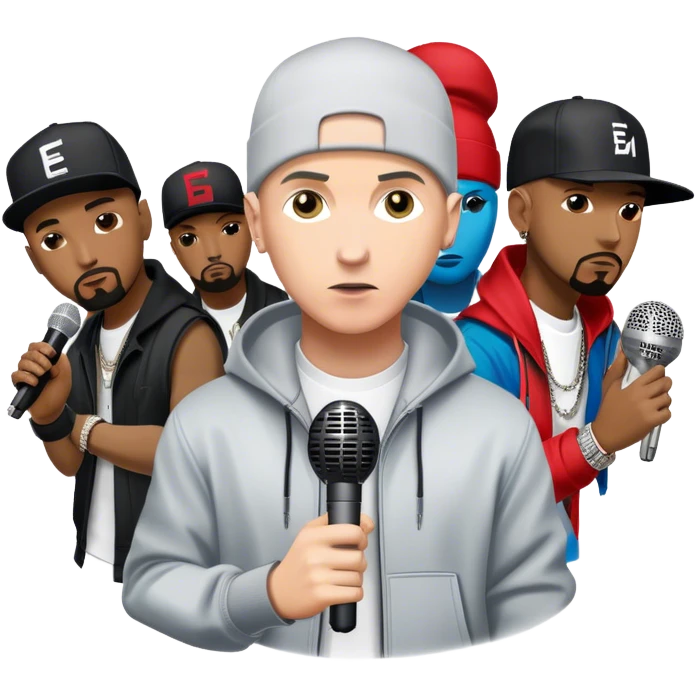 Icon for Hip-Hop Music: Eminem with his signature microphone, surrounded by other hip-hop icons. The design should reflect the raw energy of the genre with urban elements, graffiti, and vibrant colors. Transparent background. emoji