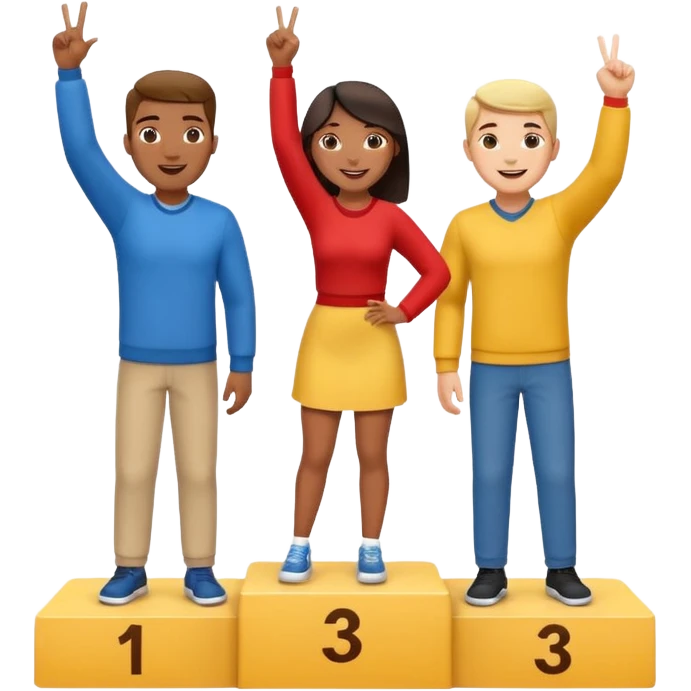 winners podium with three multi-racial people, center step higher, no numbers, all in relaxed fun clothes, center person raises one finger on each hand, cheerful fun expressive emoji style emoji