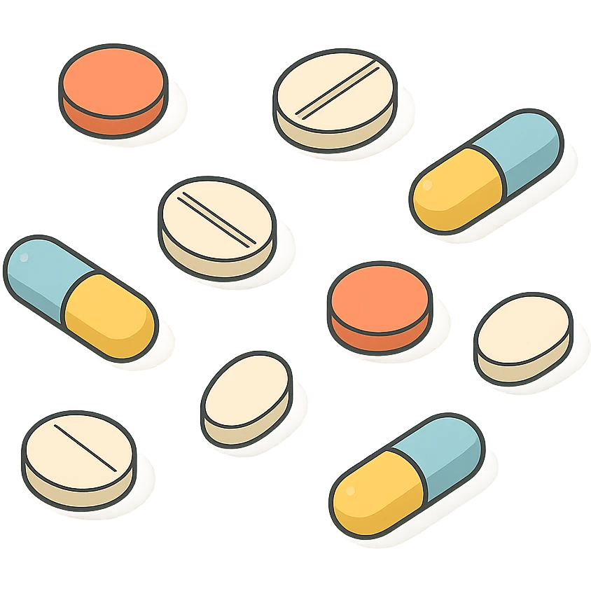 scattered handful of colorful tablets, 2D isometric style, minimalist background, detailed, soft shadows and highlights, transparent background emoji