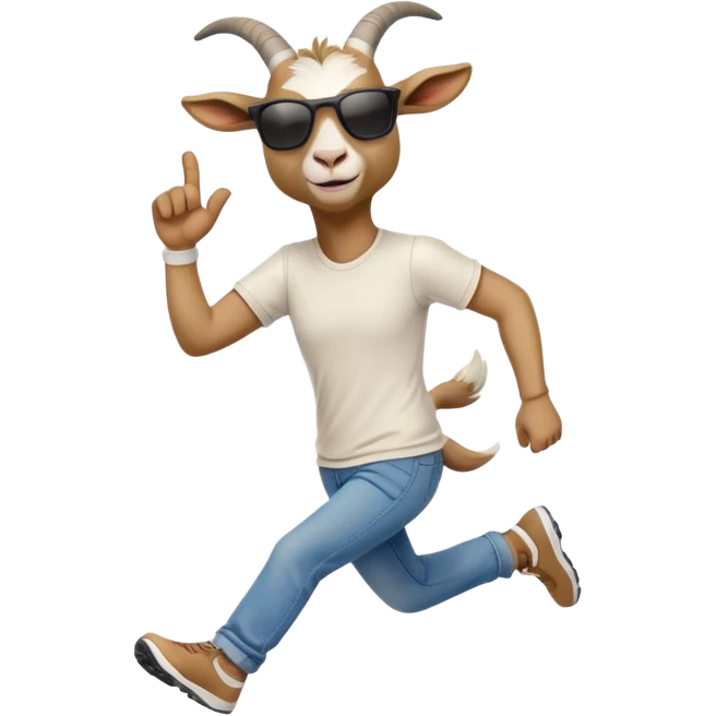 friendly anthropomorphised goat in jeans and a t-shirt, wearing dark sunglasses, jogging upright in relaxed pose emoji
