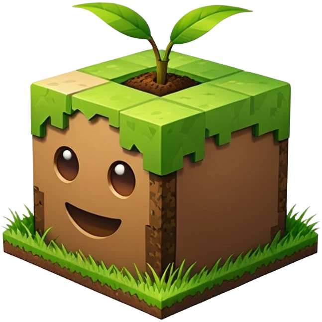 A 3D Apple-style emoji of a simple Minecraft-style grass block, cube-shaped with green grass on top and brown dirt on the sides, no background, clean design. emoji