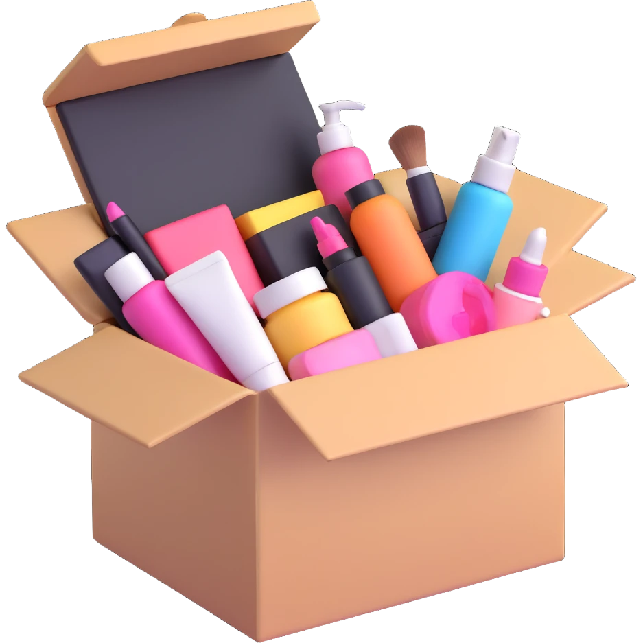 an opened box with assorted beauty items emoji