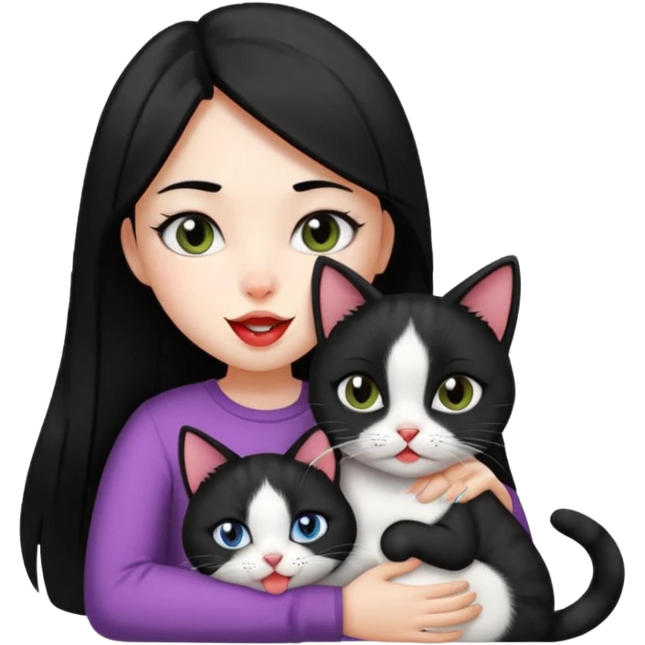 girl with straight black hair cuddling black and white cat with tongue out emoji