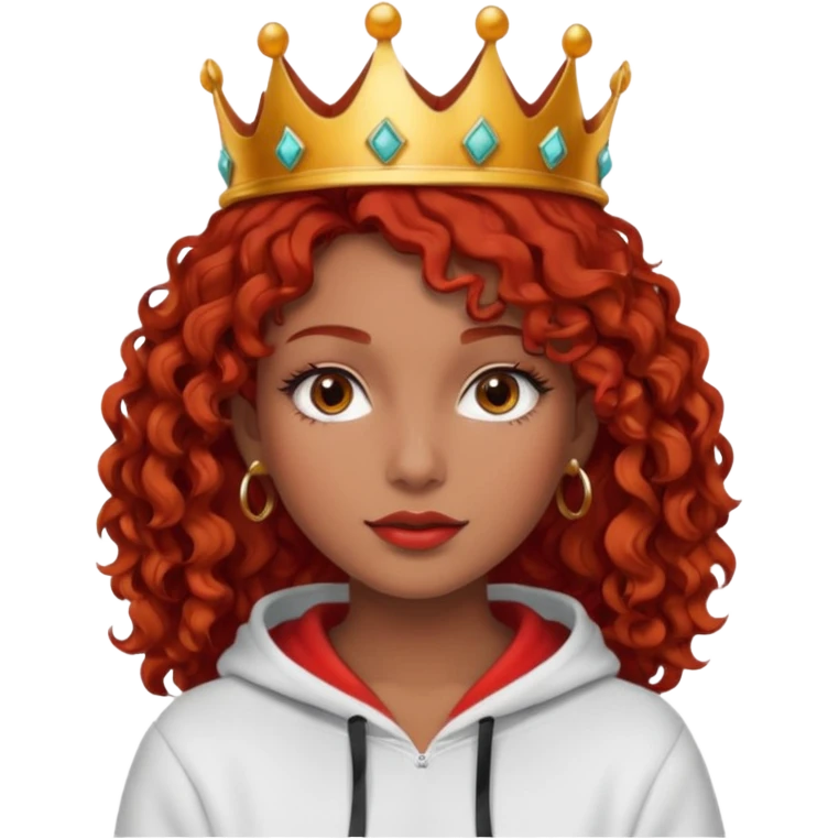 Slim girl with a fine face, dark chocolate-colored and tanned skin, medium-length curly tomato-red hair, dark eyes, medium-thick eyelashes, and a crown and hoop earrings wearing a white hooded sweatshirt.
 emoji