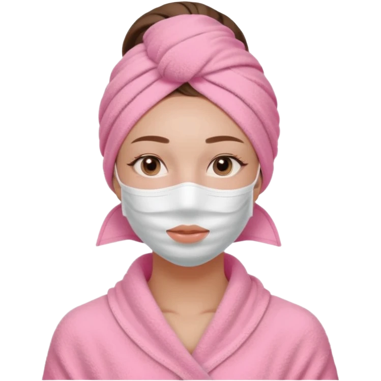 Clean girl influencer character, chest-up portrait, wearing a pink towel wrapped around the head,  skincare mask on her full face, relaxed confident expression, soft glow skin, minimal chic aesthetic, subtle beauty accessories, calm self-care vibe emoji