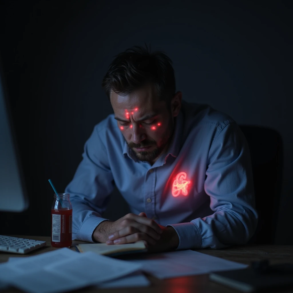 realistic tired man at desk late night, paperwork, energy drinks, glowing screen, fatigue, dark circles, slouched posture, subtle red glows on heart and head, cold lighting, burnout health risk emoji