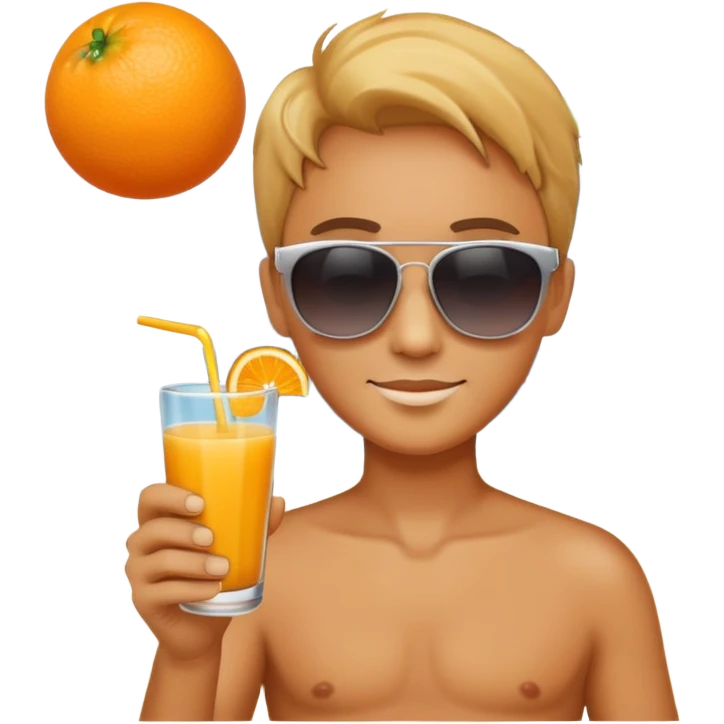 a hand holding fruit juice, wearing sunglasses, with a beach background emoji