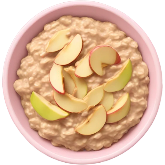 A light pink bowl with oatmeal and aesthetic apple slices spread along one side and peanut butter drizzled on the top emoji