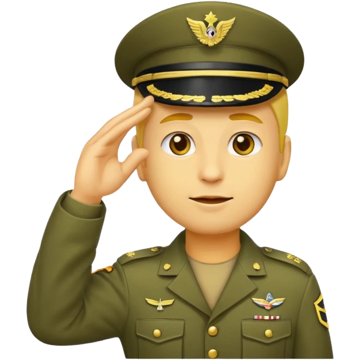 Eine salutierenden Emoji (Hautfarbe: gelb ) in Armee Klamotten männlich; salutierend mit der rechten Hand und auf der Höhe der Stirn  emoji