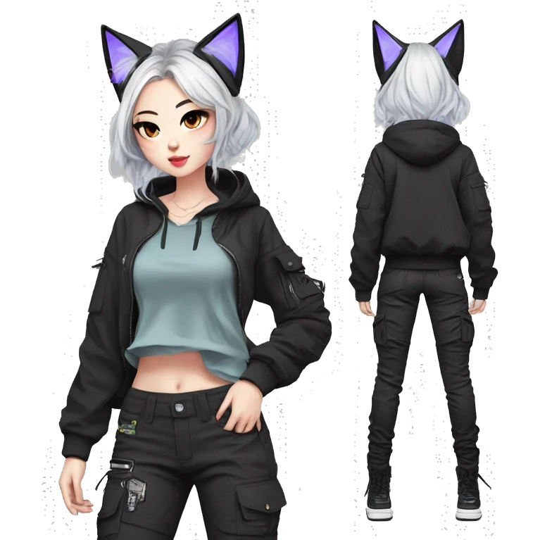 Edgy cool shy colorful Asian urban beautiful pretty anime punk tomboy-lady with cat ears techwear cargo pants hoodie collar  emoji