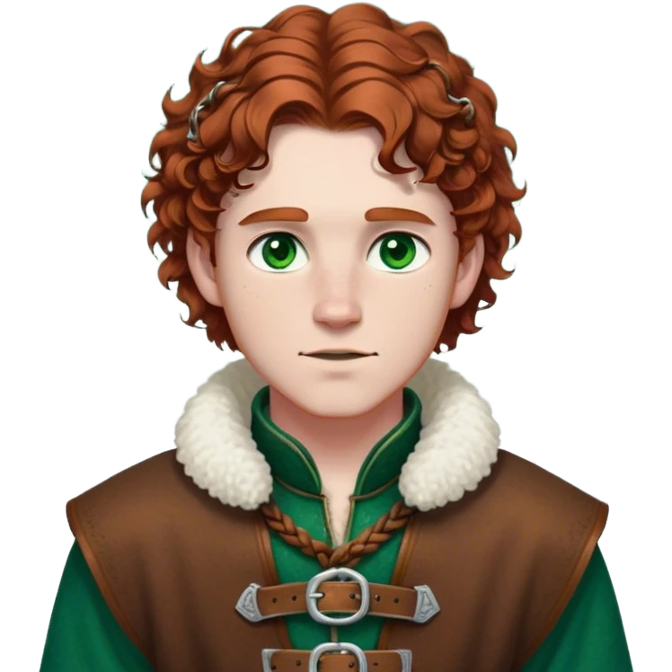 Medieval winter outfit worn by a DnD themed fantasy male character. Rich brown leather-trimmed wool tunic with sheepskin lining, featuring intricate metal buckles at the collar, paired with a heavy braided belt. Clothes only above the waist, full waist coverage. The character has no arms. Character is white-skinned with auburn hair, emerald green eyes, and short curly hair beneath a light dusting of snow. emoji