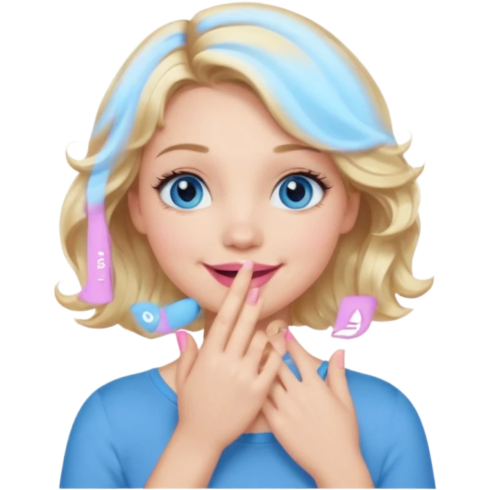 Girl Blonde short wavy hair,  blue eyes, cute blue top, long lashes, pink lips, smiling, hand covering the mouth emoji