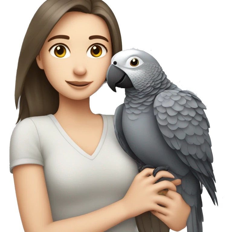 white brunette girl hugging an African grey parrot emoji