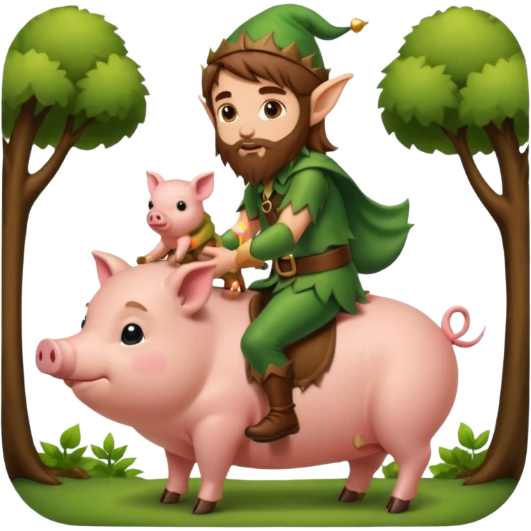 tiny forest elf man long brown hair beard riding baby pig emoji