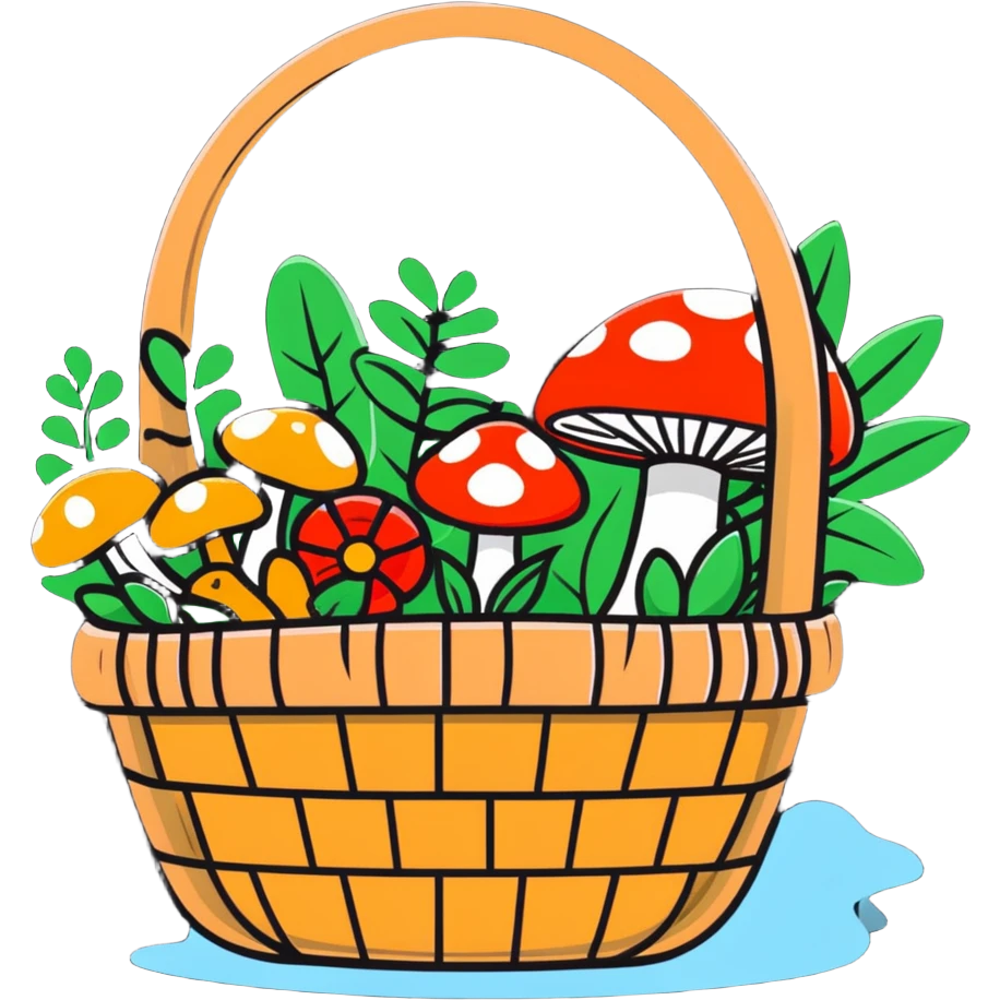 basket full of forest goodies including mushrooms, herbs, flowers in soft pastel colors emoji
