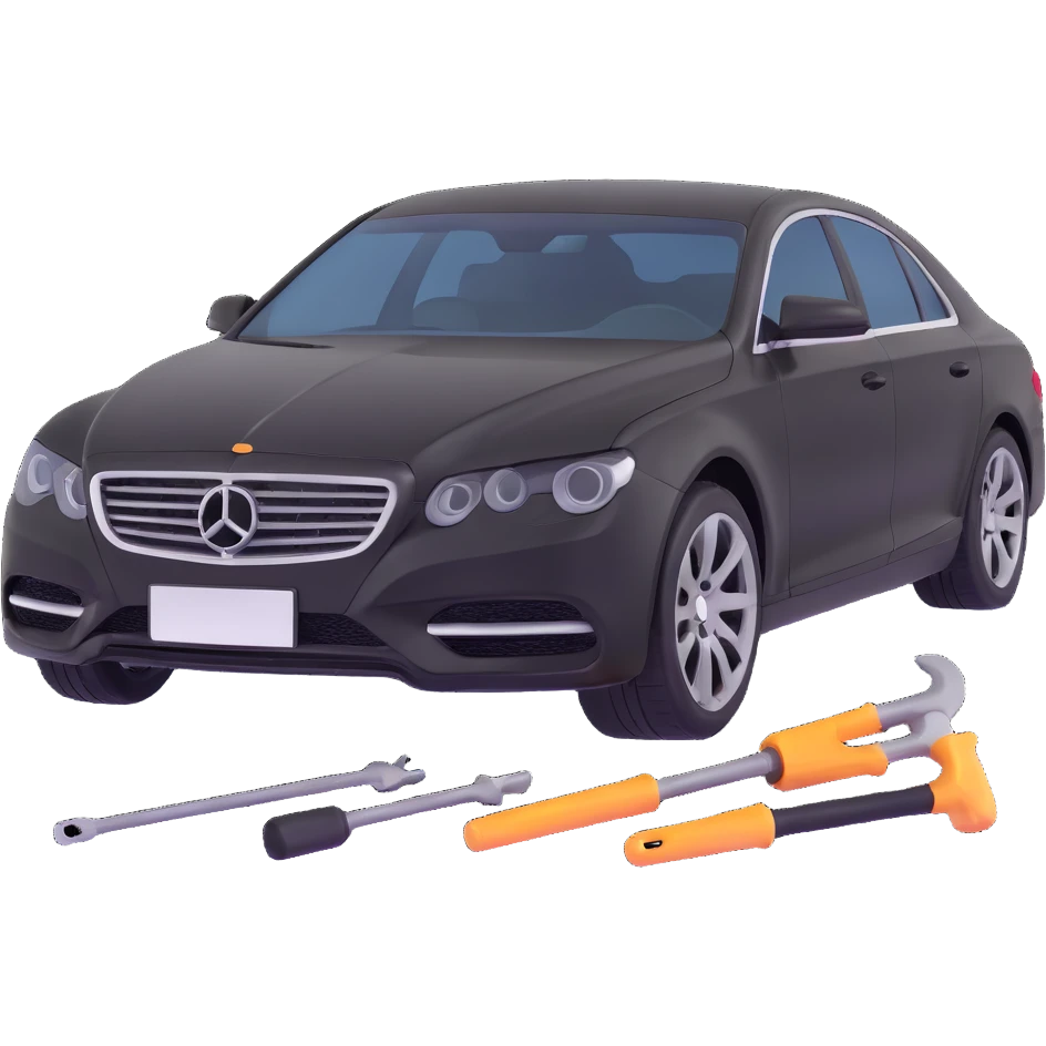 black luxury car with a clearly visible dent on the bodywork, specific PDR tools such as rods, levers, and small hammers positioned to show active repair, elegant and modern emoji