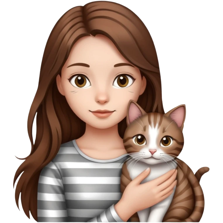 girl with long hair holding a cat with silver stripes emoji