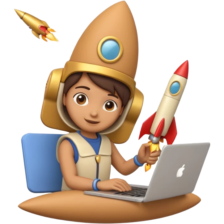3D clay character with laptop and small rocket launching, cute rounded style, deep green (#0B3D2C), gold rocket, cream laptop, soft shadows, transparent background emoji
