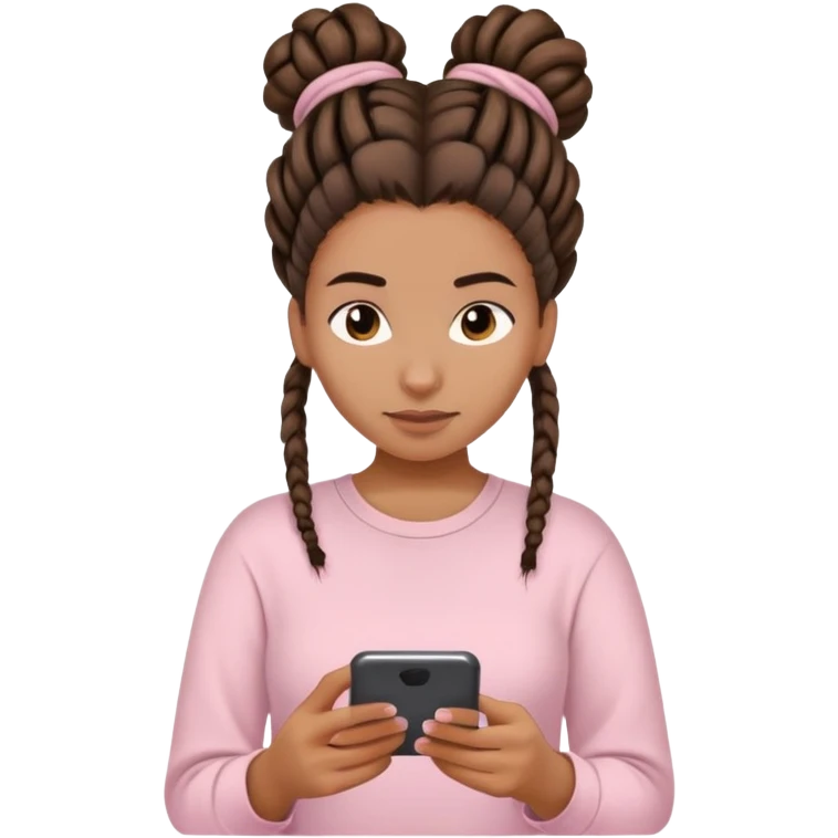 Medium brown woman with dreadlocks in bun Light pink shirt texting emoji