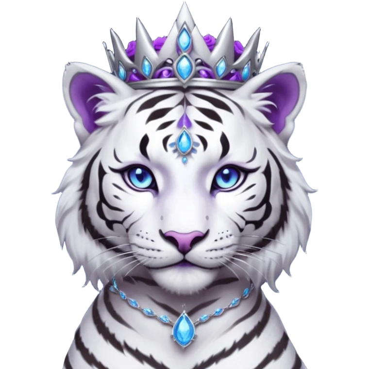 ESO Female white/black tiger khajiit leader of the umbral rose, glowing blue eyes, glowing blue 'third eye' gem; beautiful purple gemmed silver tiara emoji