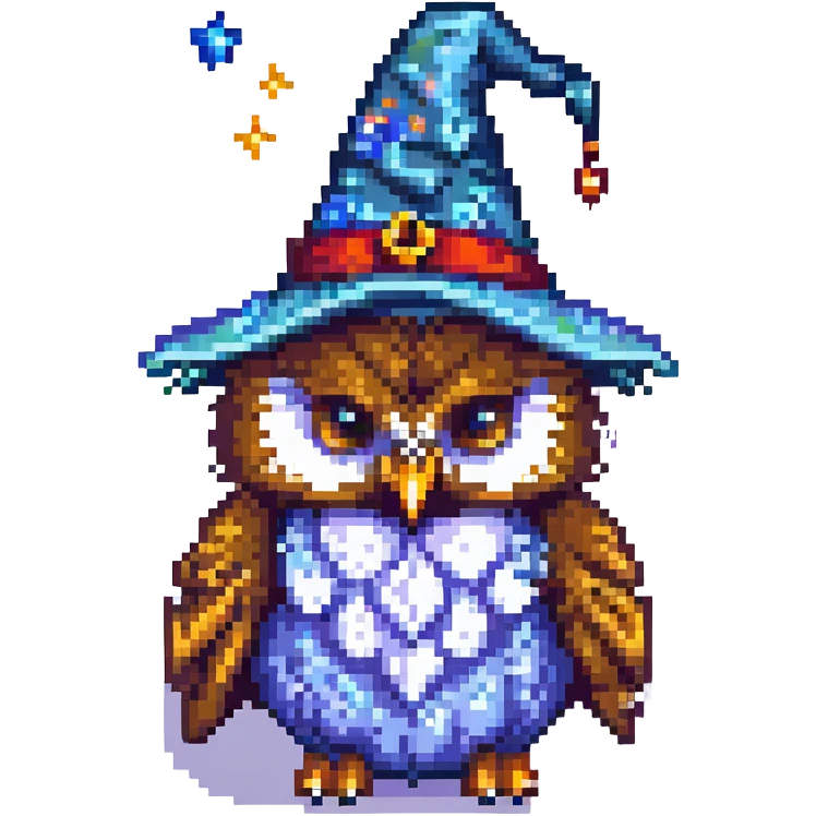 pixel art owl with a purple wizard hat and stars emoji